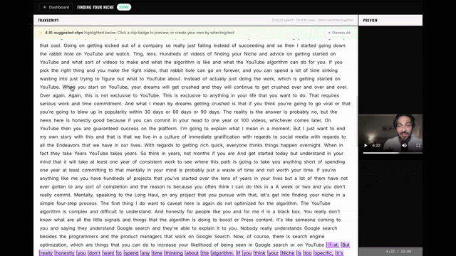 Highlight text across the transcript to stitch a clip together